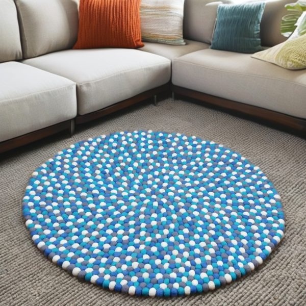 Blue Felt Ball Rug | Handmade Felt Carpet - Image 5
